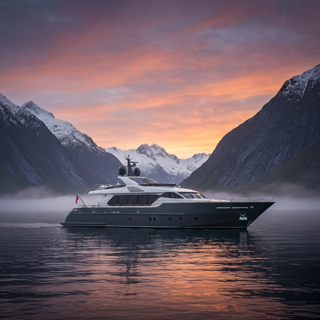Luxury yacht at golden hour with mountain backdrop