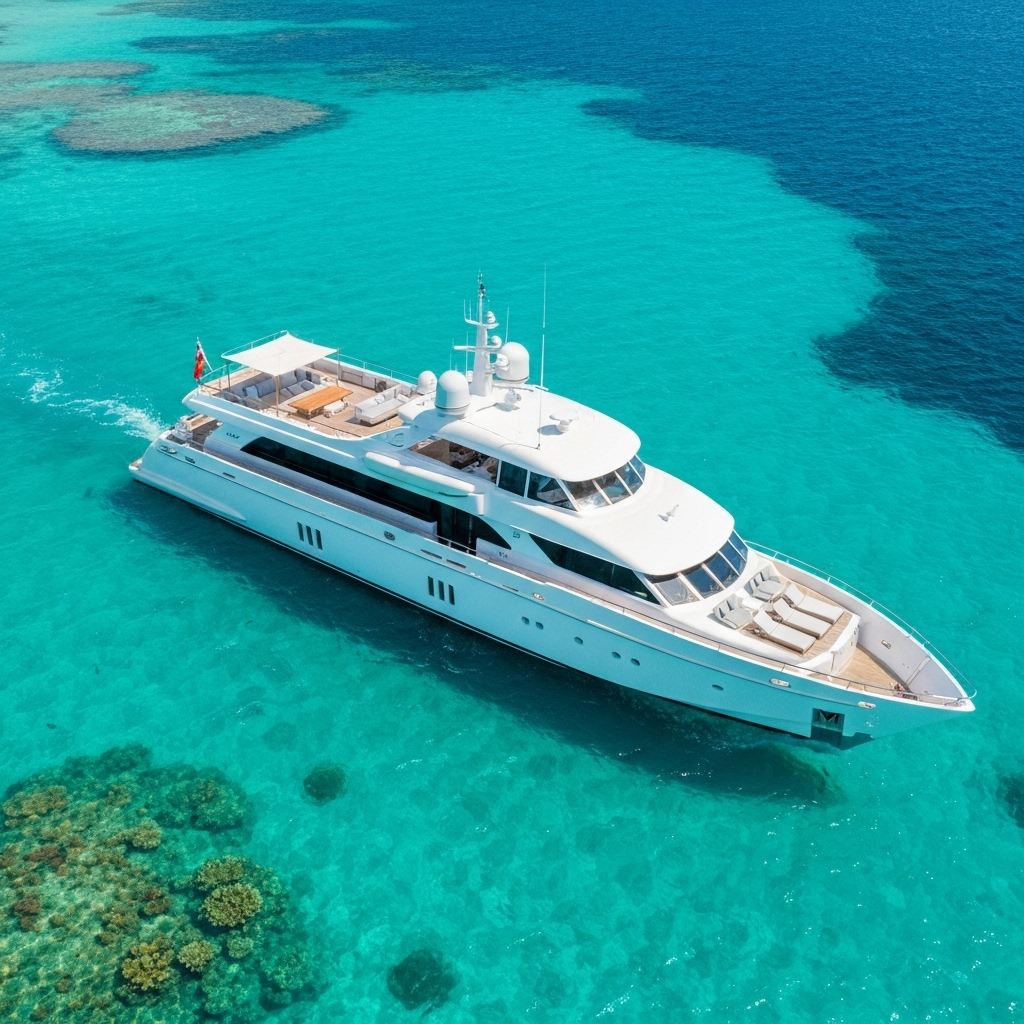 Luxury yacht from above in crystal clear turquoise water