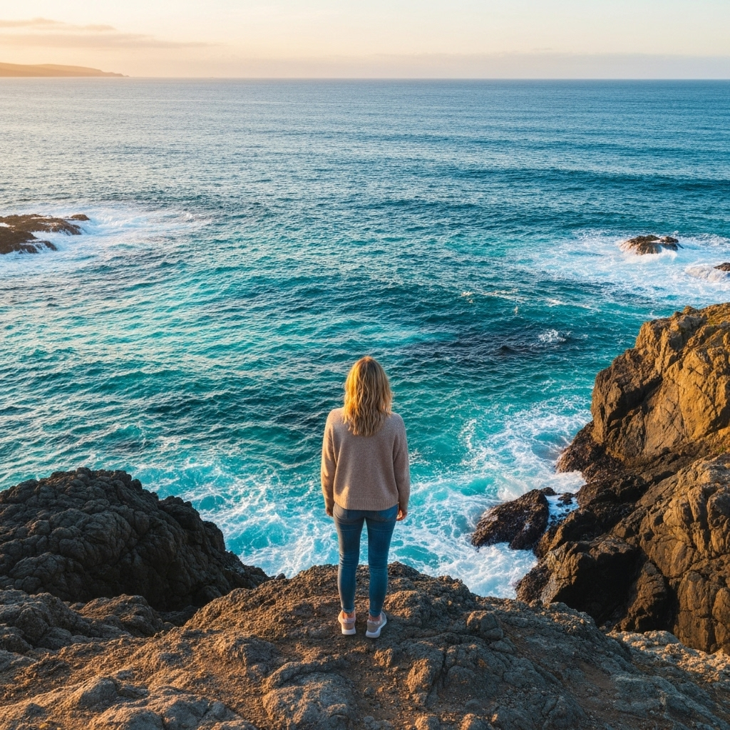Designer standing on rocky coastline overlooking the ocean